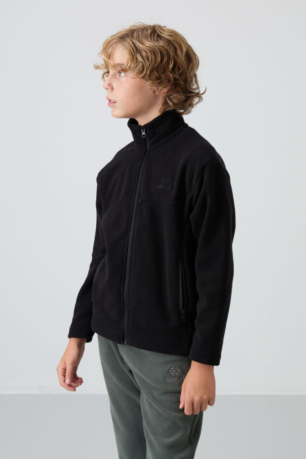 Erkek Çocuk Siyah Dik Yaka Fermuarlı Sweatshirt