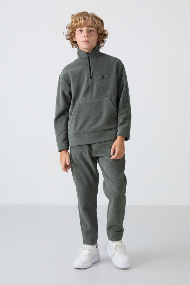 Haki Dik Yaka Polar Erkek Çocuk Eşofman Takımı