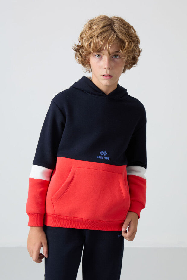 Lacivert Nar Çiçeği Renginde Kapüşonlu Erkek Çocuk Eşofman Takım