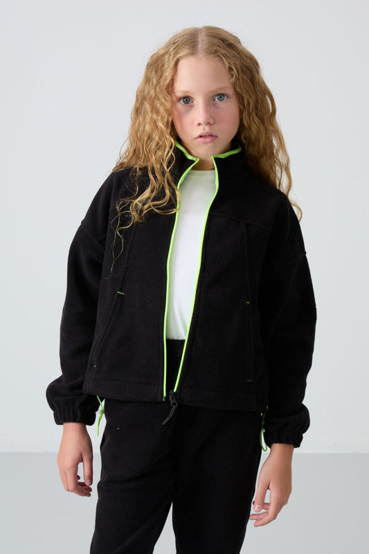Siyah Polar Kız Çocuk Fermuarlı Sweatshirt