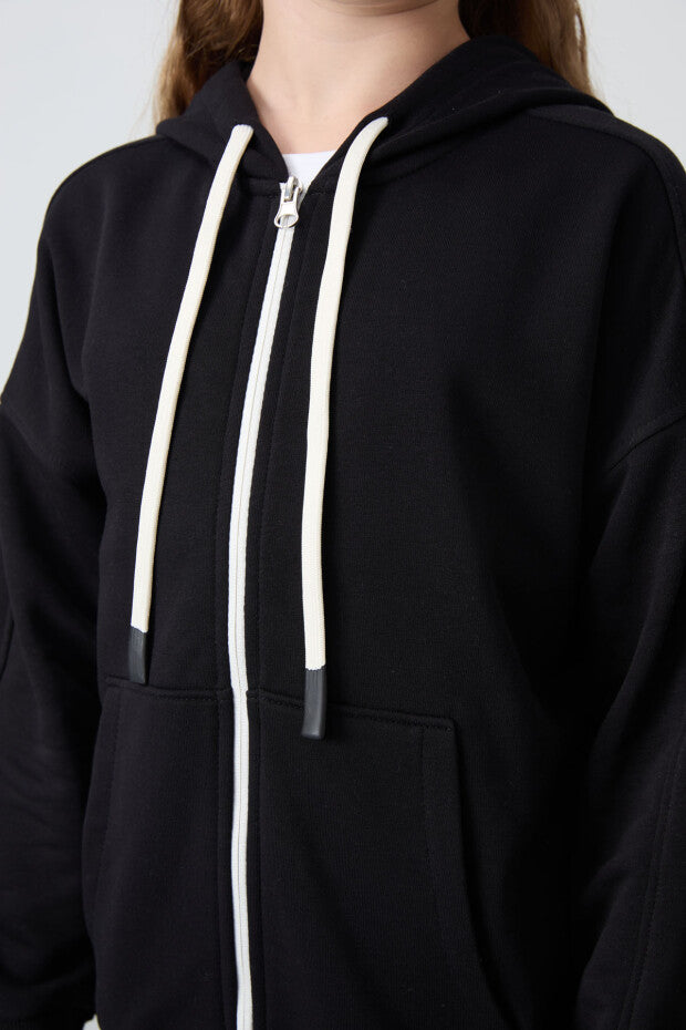 Tam boy Fermuarlı Kız Çocuk Sweatshirt Siyah