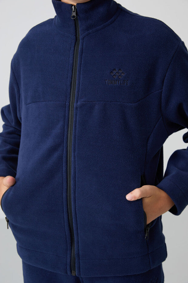 Erkek Çocuk Lacivert Fermuarlı Dik Yaka Polar Sweatshirt