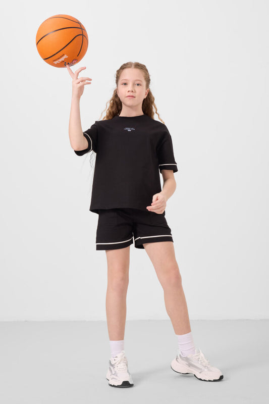 Kız Çocuk Siyah Şortlu Takım – Yazlık Pamuklu İkili Takım (7-15 Yaş)