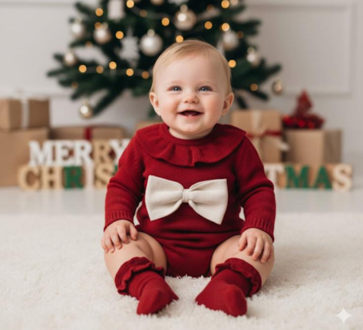 %100 Pamuk Kırmızı Triko Kurdele Detaylı Bebek Romper & Çorap Seti | Yılbaşı Kıyafeti