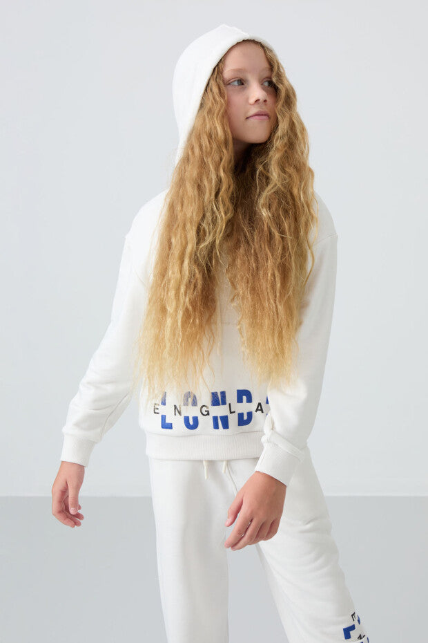 Ekru Kapüşonlu Kız Çocuk Eşofman Takımı