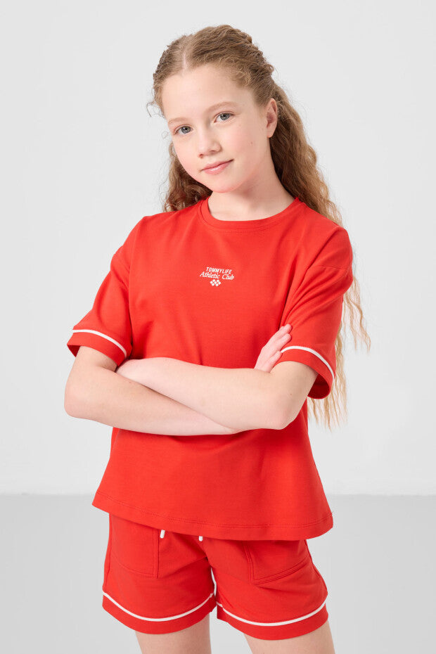 Kız Çocuk Nar Çiçeği Renkli Şortlu Takım – Yazlık Pamuklu İkili Kombin (7-15 Yaş)