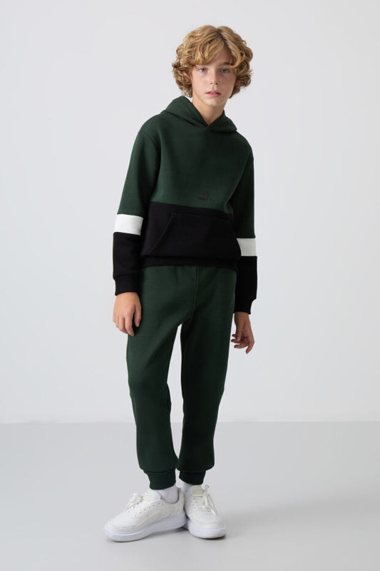 Çam Yeşili Ekru Ve Siyah Geçişli Kapüşonlu Eşofman Takımı