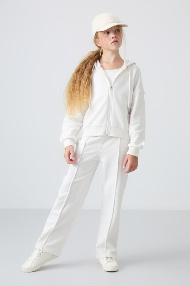 Tam Boy Fermuarlı Ekru Kız Çocuk Eşofman Takımı