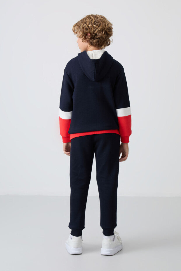 Lacivert Nar Çiçeği Renginde Kapüşonlu Erkek Çocuk Eşofman Takım