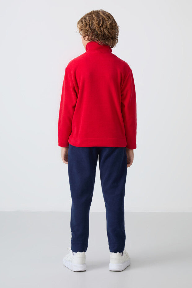 Kırmızı Lacivert Dik Yaka Polar Erkek Çocuk Eşofman Takımı