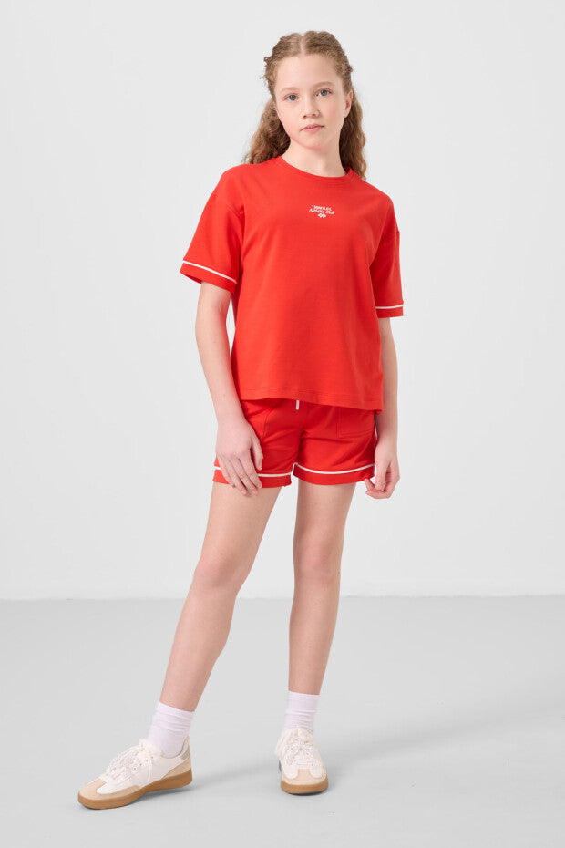 Kız Çocuk Nar Çiçeği Renkli Şortlu Takım – Yazlık Pamuklu İkili Kombin (7-15 Yaş)