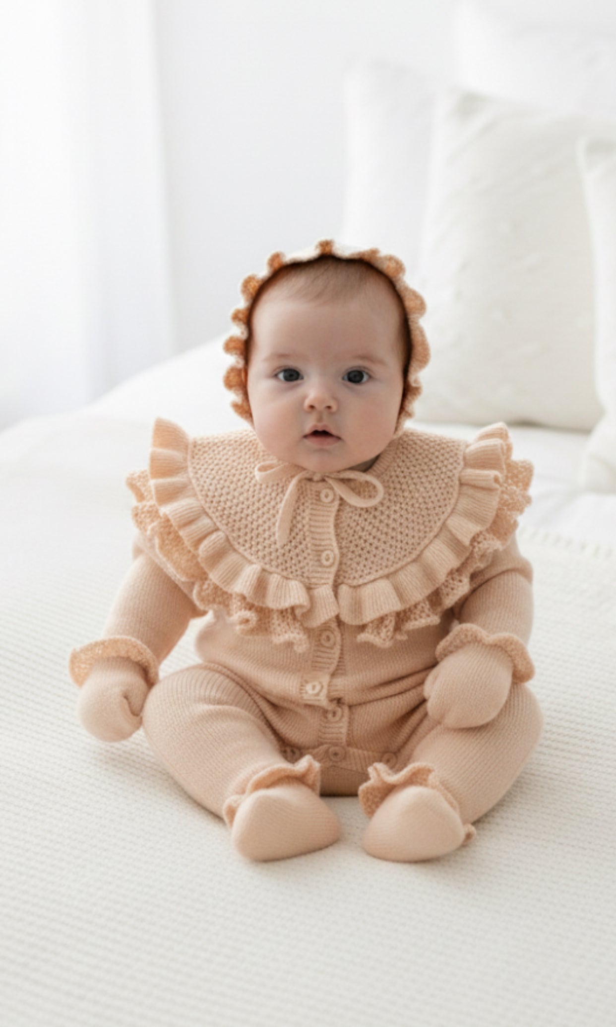 Kız Bebek Yenidoğan 5’li Triko Hastane Çıkışı Seti | Fırfırlı Yakalı | 0-3 Ay | Tulum, Battaniye, Şapka, Çorap, Eldiven 8259