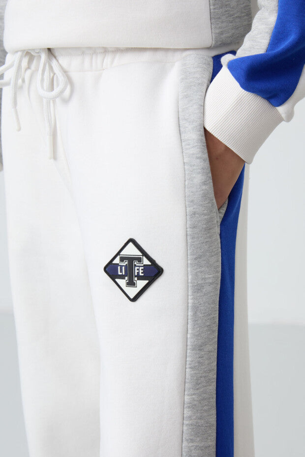 Kız Çocuk Ekru Renk Pamuklu Mavi Şeritli Eşofman Takımı