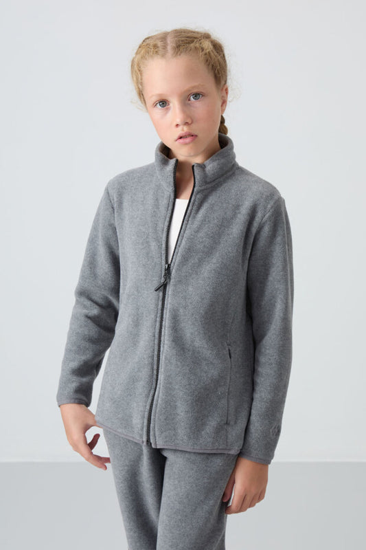 Gri Tam Fermuarlı Polar Kız Çocuk Sweatshirt