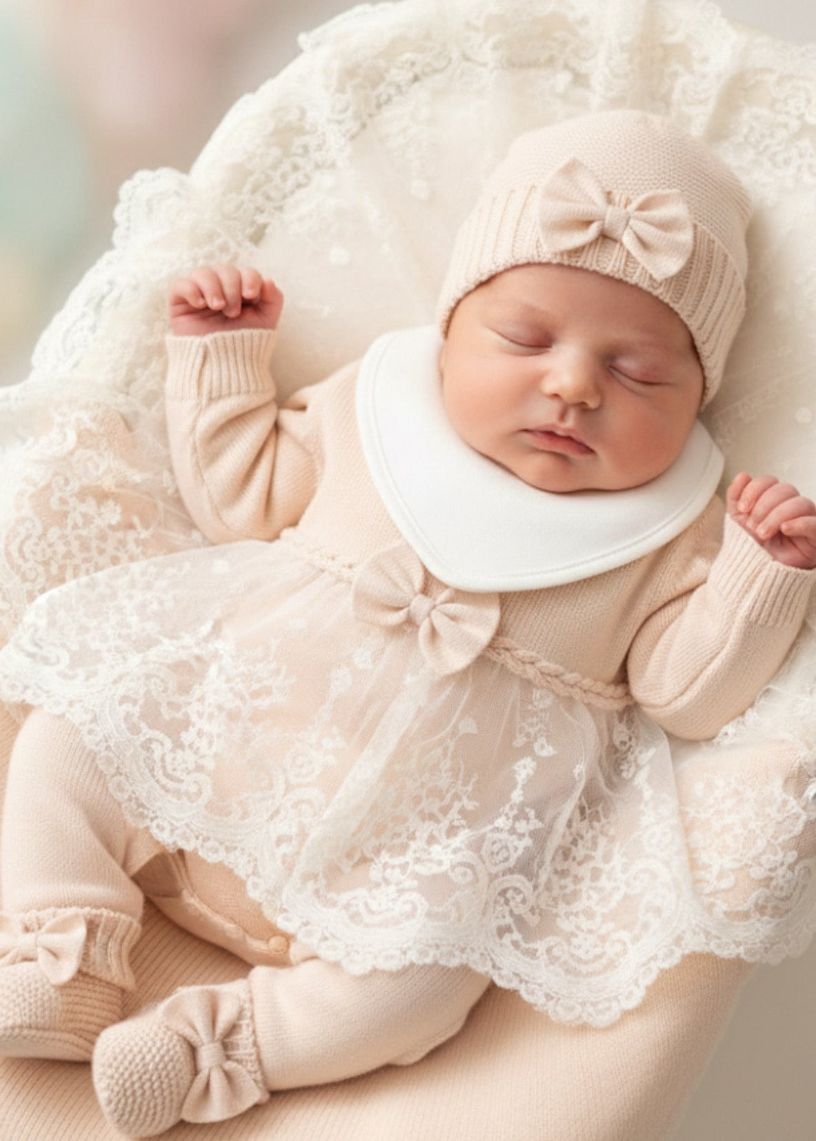 Kız Bebek 9 Parça Triko Dantelli Hastane Çıkışı Seti | Kişiselleştirilebilir Yenidoğan Hediye Seti