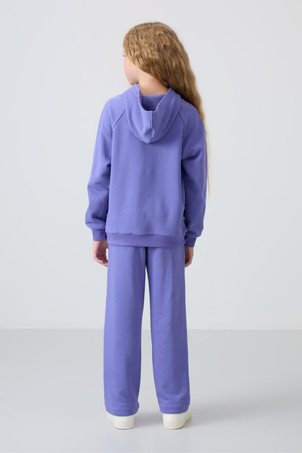 İçi Pamuklu Kapüşonlu Mor Kız Çocuk Eşofman Takımı