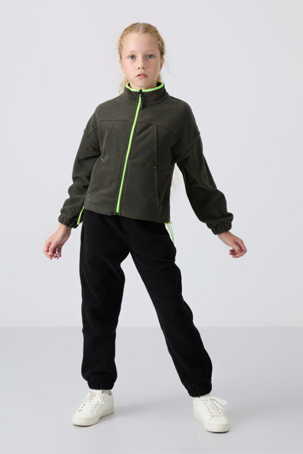 Haki Renk Fermuarlı Kız Çocuk Sweatshirt