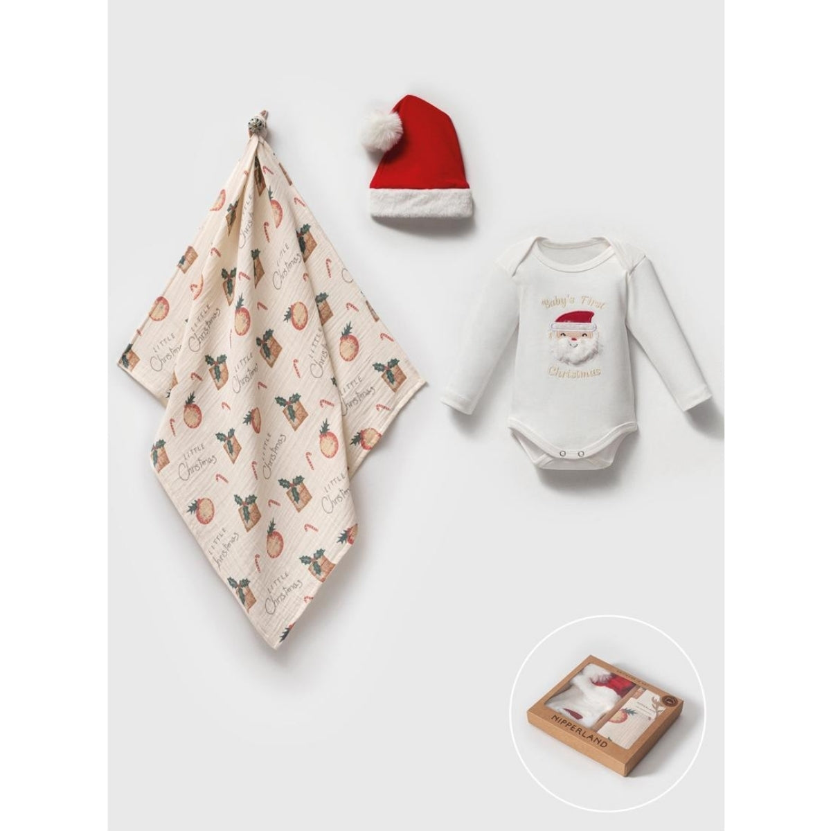 Baby’s First Christmas 3’lü Set – Beyaz Noel Bebek Body, Şapka ve Müslin Battaniye 8390N