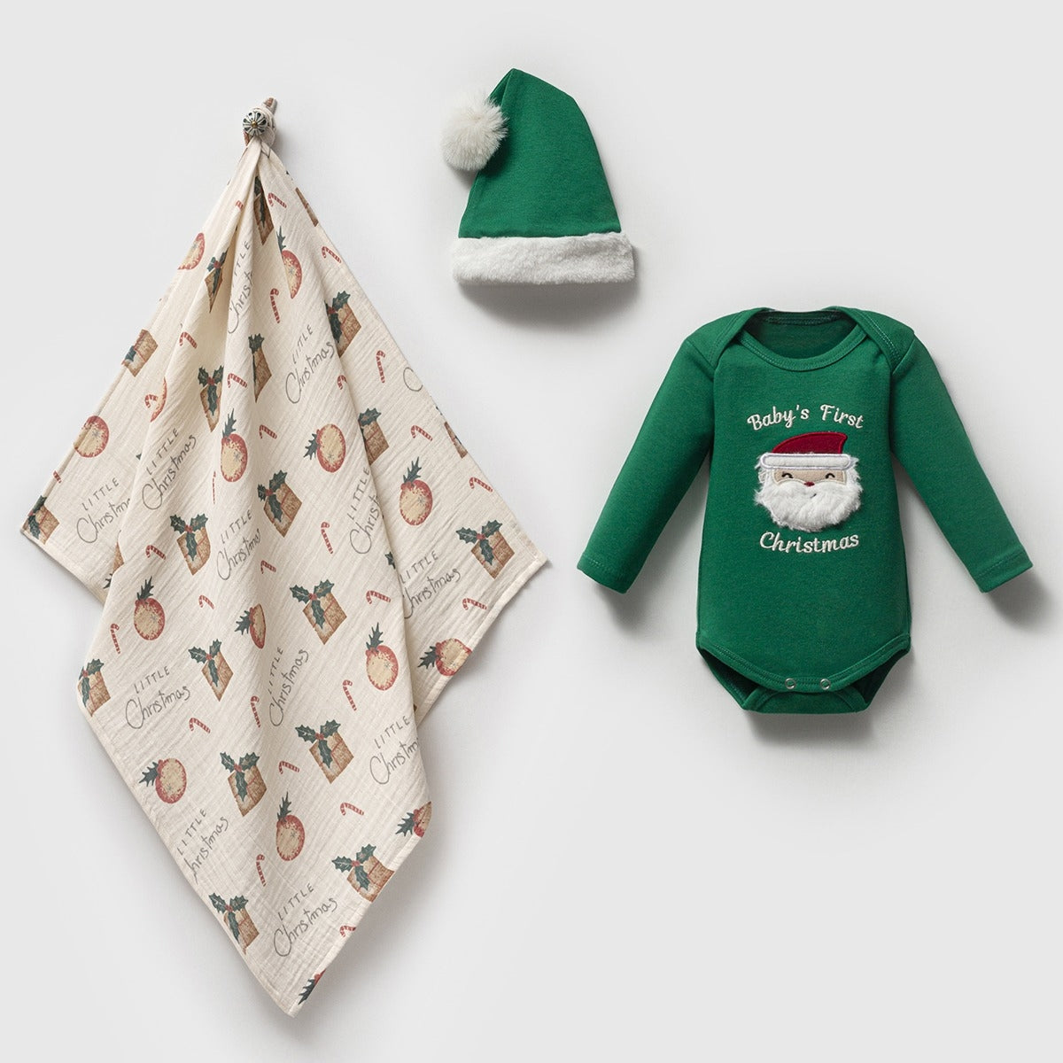 Baby’s First Christmas 3’lü Set – Yeşil Noel Bebek Body, Şapka ve Müslin Battaniye