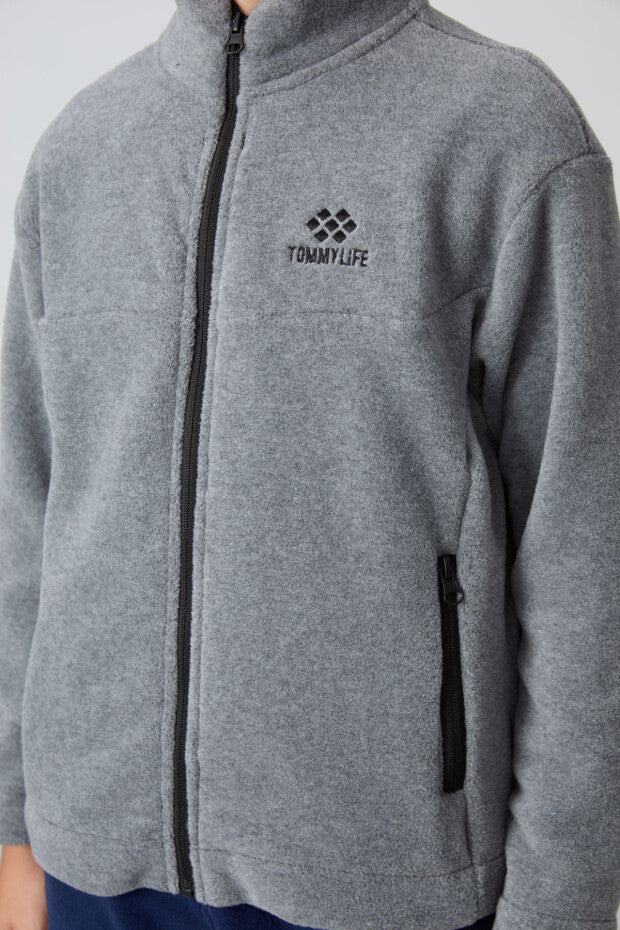 Gri Dik Yaka Erkek Çocuk Polar Sweatshirt