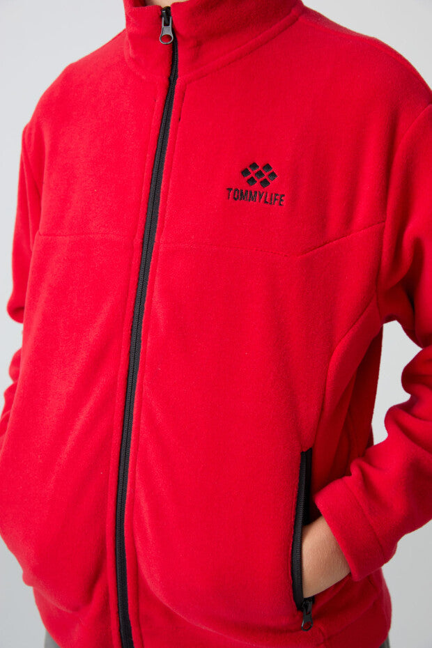 Kırmızı Polar Dik Yaka Fermuarlı Sweatshirt