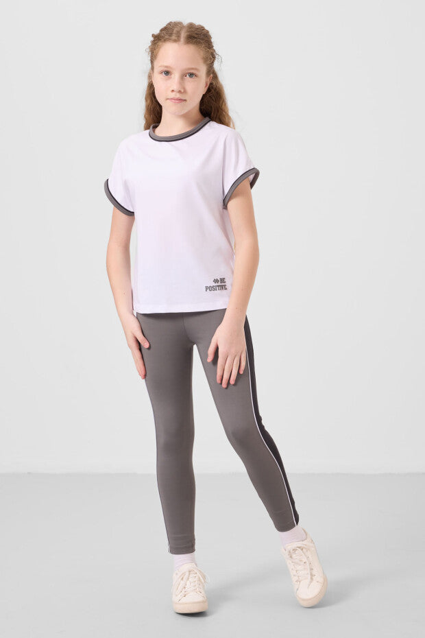 Kız Çocuk Beyaz Spor Tshirt Gri Şeritli Tayt Takımı