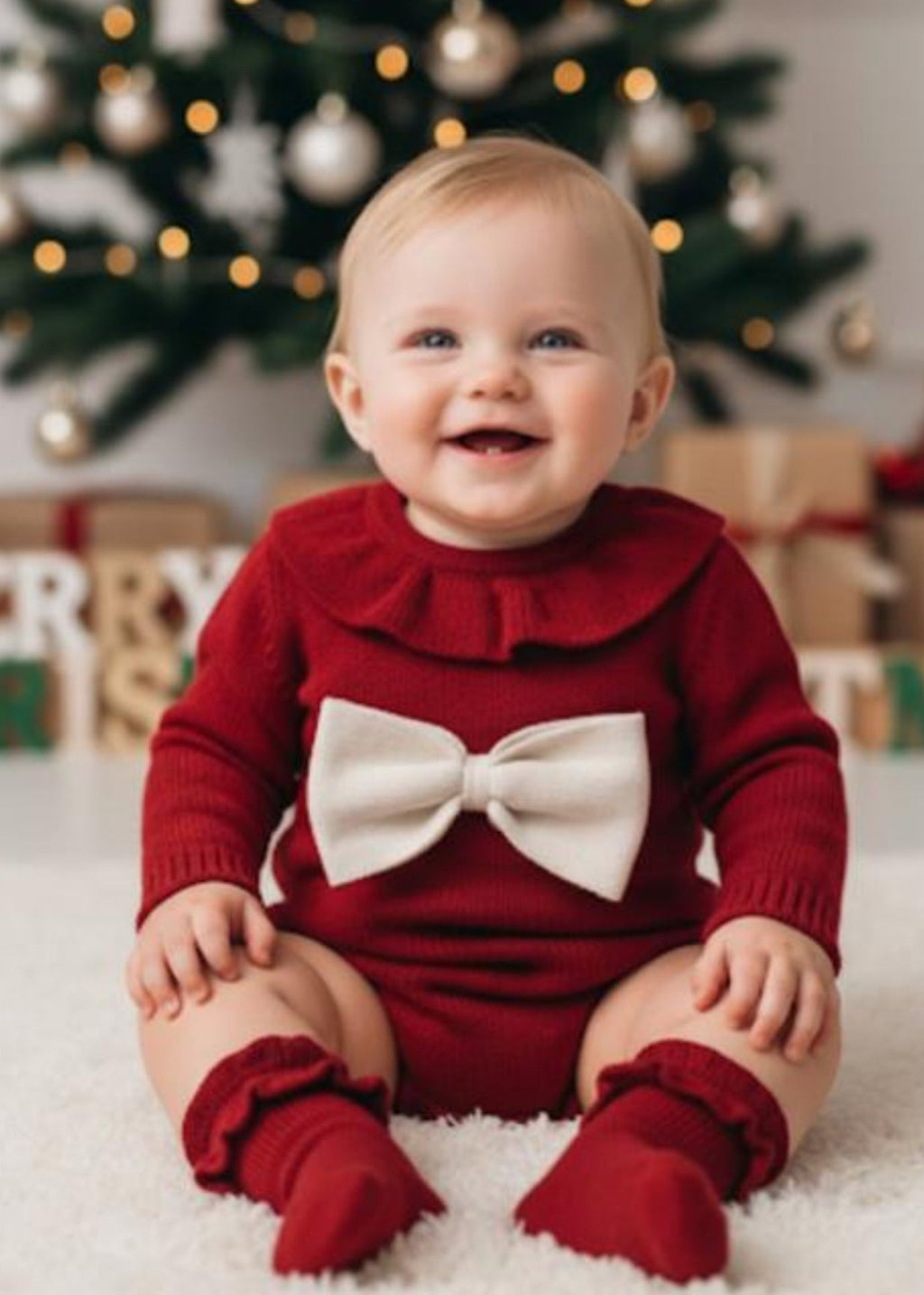 %100 Pamuk Kırmızı Triko Kurdele Detaylı Bebek Romper & Çorap Seti | Yılbaşı Kıyafeti