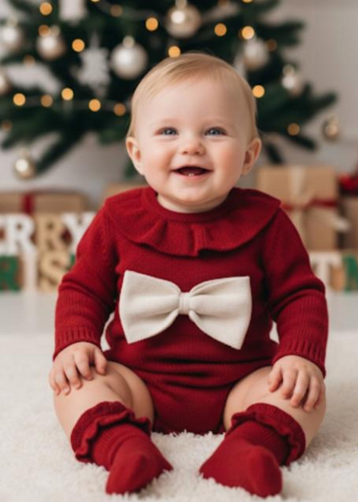 %100 Pamuk Kırmızı Triko Kurdele Detaylı Bebek Romper & Çorap Seti | Yılbaşı Kıyafeti