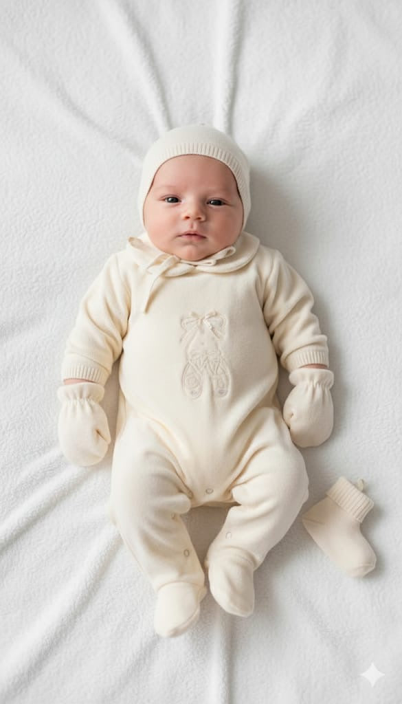 Yenidoğan 8 Parça Hastane Çıkış Seti | Krem Triko Bebek Kıyafetleri, Battaniyeli Set 8279