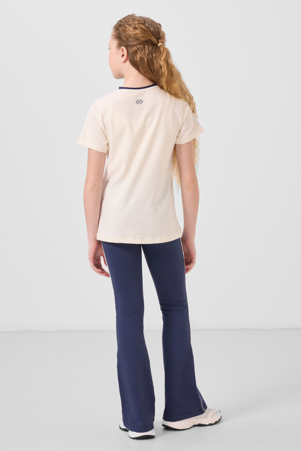 Lacivert İspanyol Paça Tayt Bej Tshirt Takım