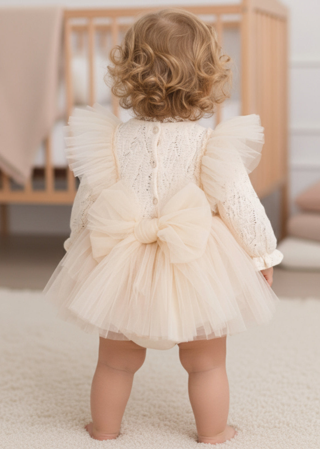 Krem Rengi Triko Tül Detaylı Fiyonk Aksesuarlı Kız Bebek Elbise | Özel Gün ve Doğum Günü Kıyafeti