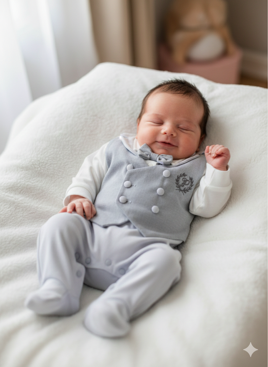 Yenidoğan 10 Parça Erkek Bebek Hastane Çıkış Seti – Gri & Beyaz | Şık Takım, Battaniyeli Set 6082PG