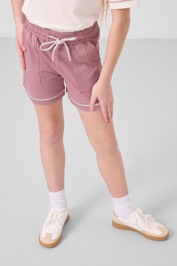 Kız Çocuk Ekru Tshirt Gül Kurusu Şortlu Kombin – Yazlık İkili Takım %100 Pamuk (7-15 Yaş)