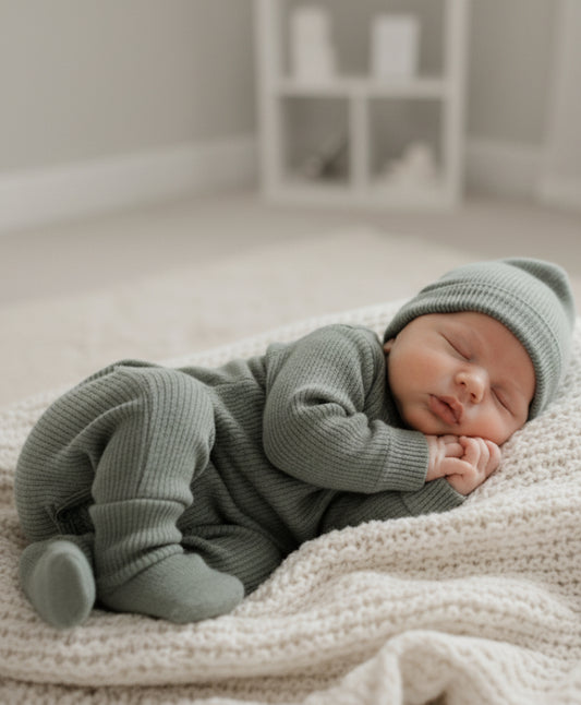 Unisex Yenidoğan 3’lü Hastane Çıkışı Seti | Organik Pamuk GOTS Sertifikalı | Bebek Tulum Şapka Çorap-8319