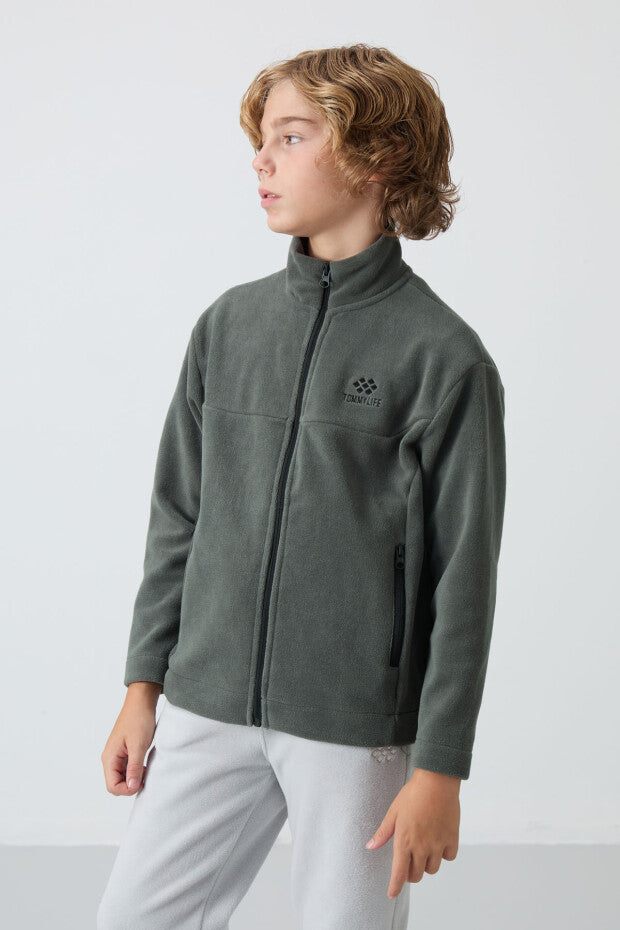 Haki Dik Yaka Polar Çocuk Sweatshirt