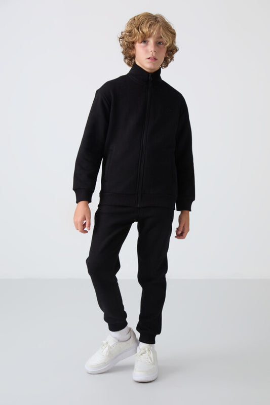 Siyah Dik Yaka Pamuklu Eşofman Takımı