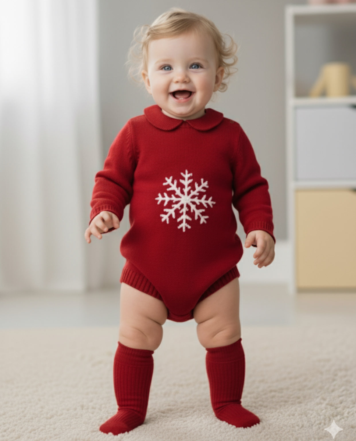 Kırmızı Kar Taneli Triko Romper | Yılbaşı Bebek Kıyafeti | 0-12 Ay | Sıcak & Yumuşak Örgü Tulum Kişiselleştirmeye Uygun