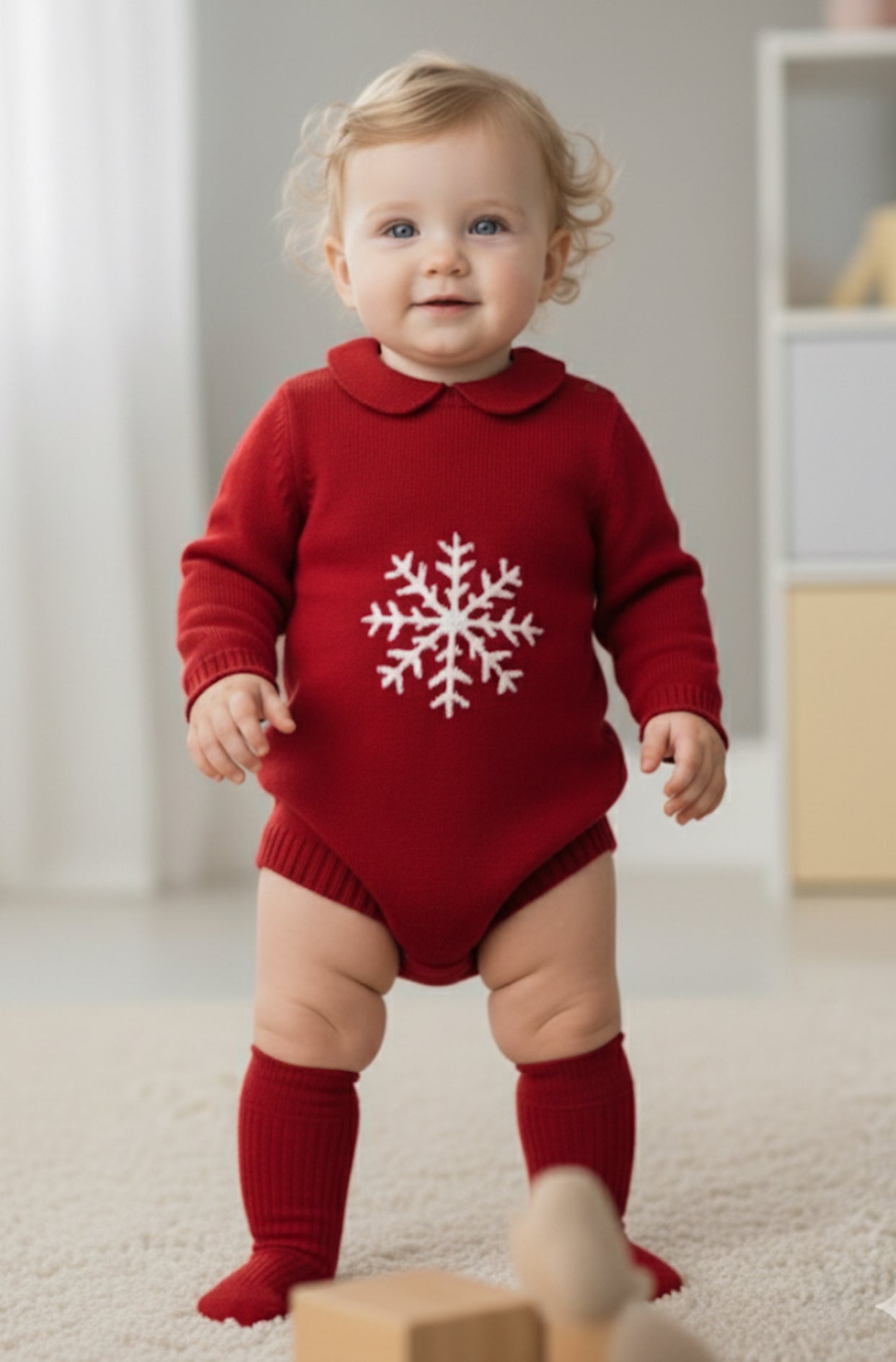 Kırmızı Kar Taneli Triko Romper | Yılbaşı Bebek Kıyafeti | 0-12 Ay | Sıcak & Yumuşak Örgü Tulum Kişiselleştirmeye Uygun