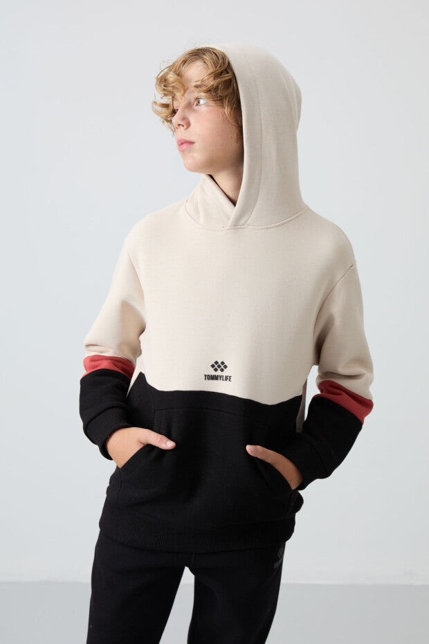 Bej Siyah Kapüşonlu Eşofman Takımı Erkek Çocuk