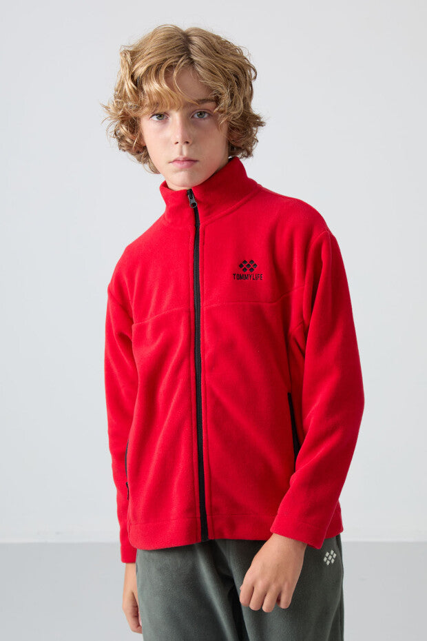 Kırmızı Polar Dik Yaka Fermuarlı Sweatshirt