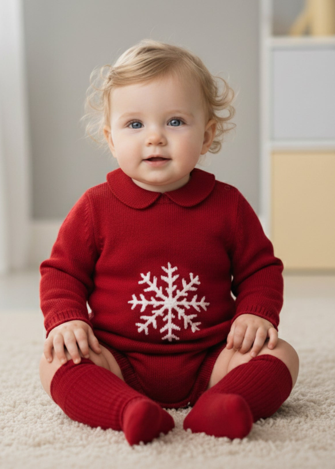 Kırmızı Kar Taneli Triko Romper | Yılbaşı Bebek Kıyafeti | 0-12 Ay | Sıcak & Yumuşak Örgü Tulum Kişiselleştirmeye Uygun