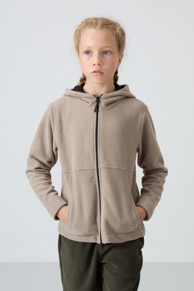 Koyu Bej Kız Çocuk Kapüşonlu Sweatshirt