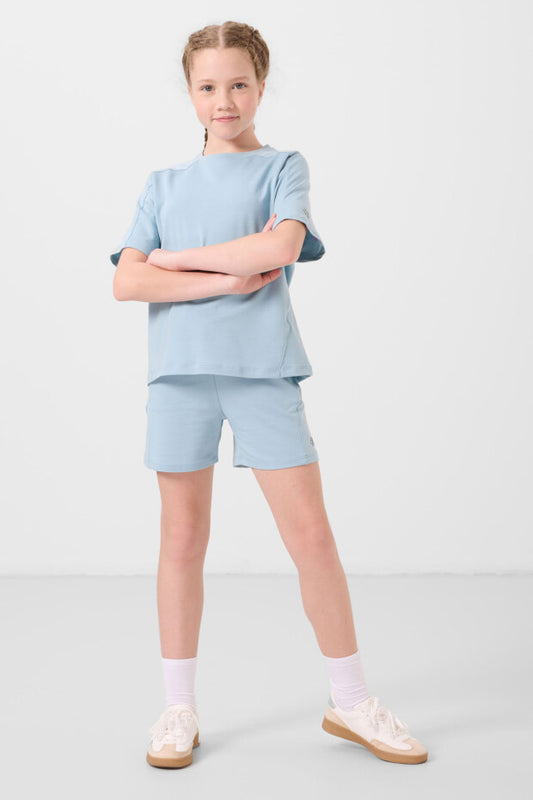 Kız Çocuk Bebek Mavisi Şortlu Takım – Yazlık %100 Pamuk İkili Takım (7-15 Yaş)