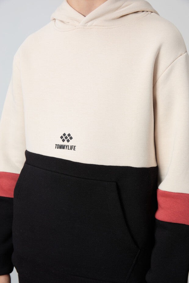 Bej Siyah Kapüşonlu Eşofman Takımı Erkek Çocuk