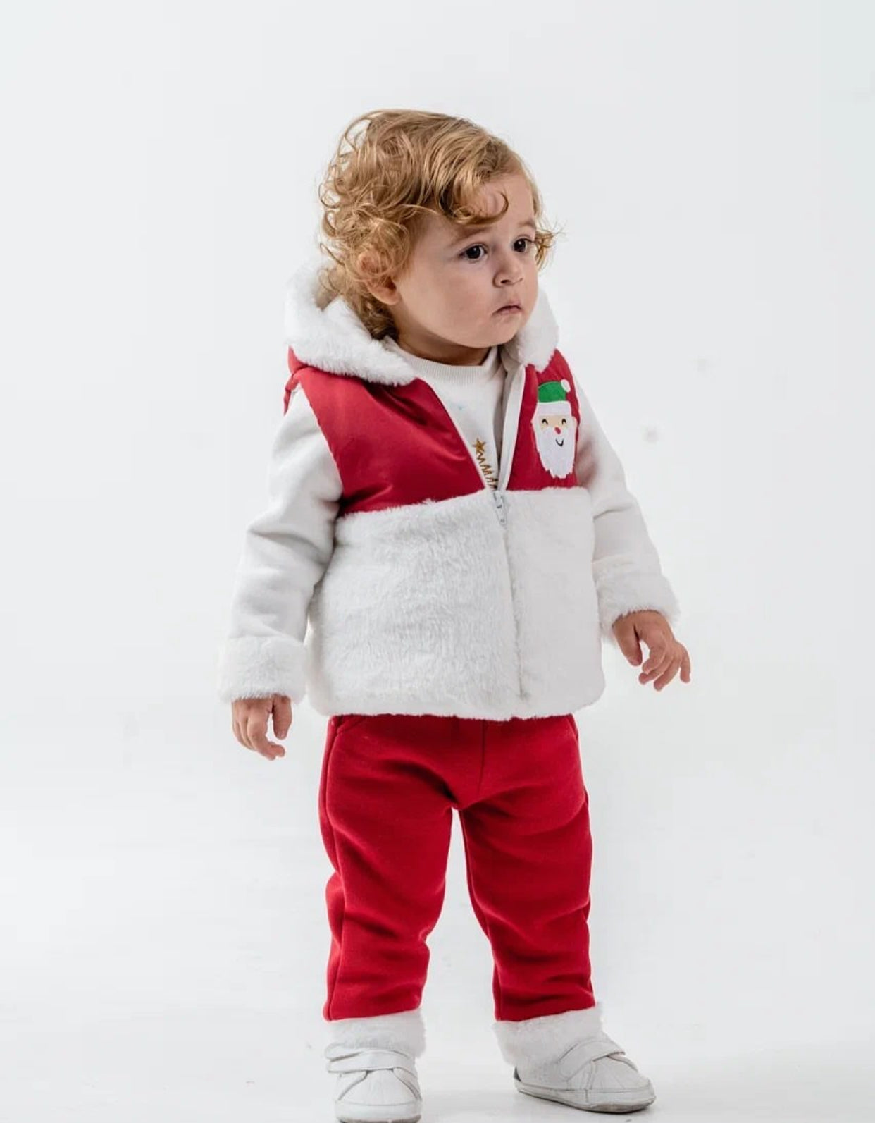 Kız/Erkek Bebek Yılbaşı 3’lü Kışlık Takım – Kapüşonlu Peluş Mont, Sweatshirt & Pantolon | 6-18 Ay