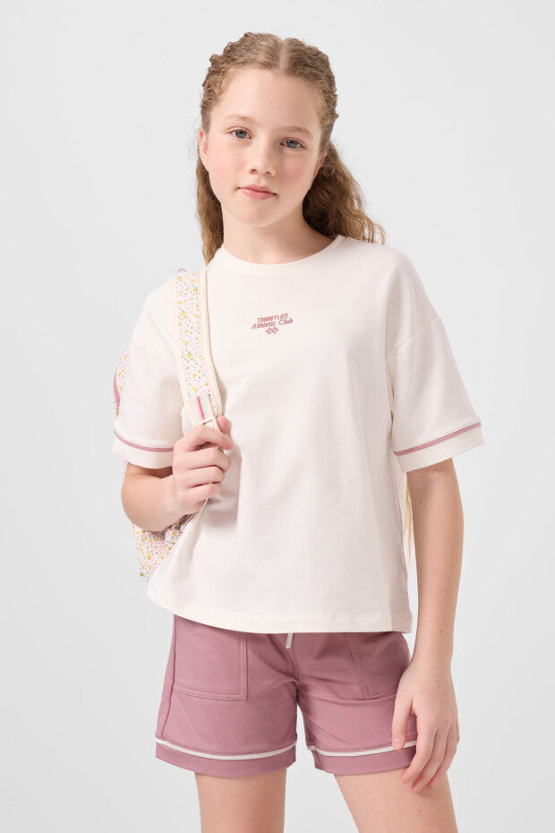 Kız Çocuk Ekru Tshirt Gül Kurusu Şortlu Kombin – Yazlık İkili Takım %100 Pamuk (7-15 Yaş)