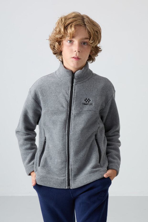 Gri Dik Yaka Erkek Çocuk Polar Sweatshirt