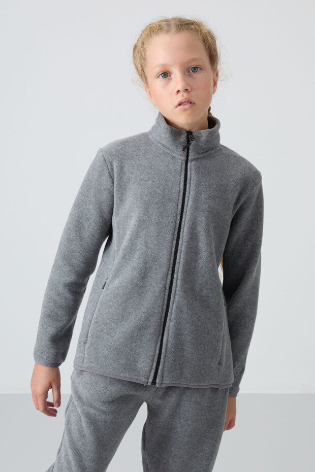 Gri Tam Fermuarlı Polar Kız Çocuk Sweatshirt