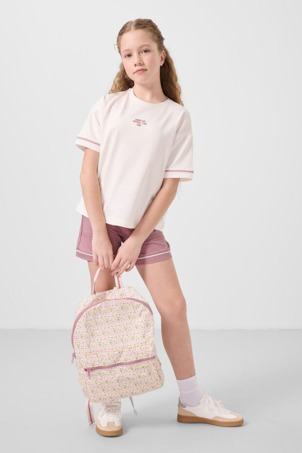 Kız Çocuk Ekru Tshirt Gül Kurusu Şortlu Kombin – Yazlık İkili Takım %100 Pamuk (7-15 Yaş)