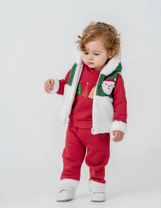 Kız/Erkek Bebek Yılbaşı 3’lü Kışlık Takım – Kapüşonlu Peluş Mont, Sweatshirt & Pantolon |